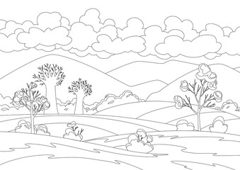 Vector autumn landscape field with trees and fallen foliage. Countryside panorama view mountains and clouds on sky. Fall season banner background. Flat linear coloring style