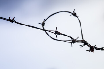 Barbed wire fences with background of blue cloudy sky. wire with clusters of short, sharp spikes set at intervals along it, used to make fences on borders, jails, military objects