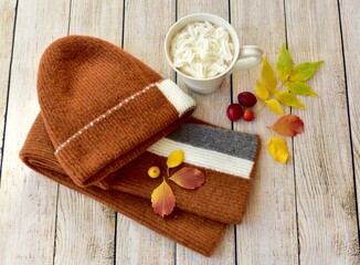 Warm mug of hot chocolate with seasonal wear of knit cap and scarf with background of autumn fall leaves 