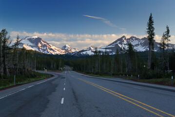 Three Sisters and Broken Top Mountains from Cascade Lakes Highway