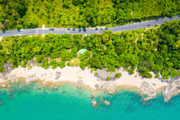High angle view of  road pass through coconut tree forest and beautiful coastline in Khanom, Nakhon...