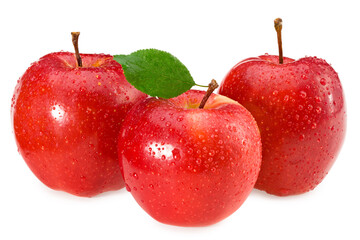 red apples with green leaves isolated on a white background