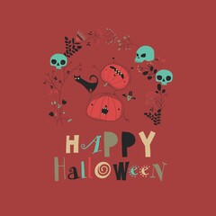 Halloween illustration with pumpkin and cat on red background