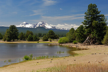 View of North and Middle Sister Mountains from Tumalo Reservoir Oregon