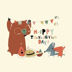 Cute cartoon happy animals celebrating Thanksgiving day