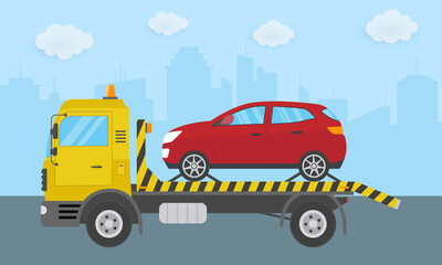 Fototapeta premium Tow truck. City road assistance service evacuator. Vector illustration in flat design. 