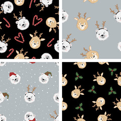 Fototapeta premium Collection of 4 seamless christmas patterns in doodle childish style. Vector cute winter textures with deer and bear