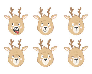 Big set of funny reindeer in cartoon style in different emotions isolated on white background