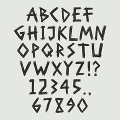 Hand drawn font, brush stroke alphabet, grunge halloween style