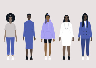 A set of five black female characters wearing different fashion outfits: casual, sport, business costume and evening dress