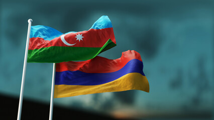 Two flags of Armenia and Azerbaijan fluttering in the wind against the evening sky. 3D Render - obrazy, fototapety, plakaty