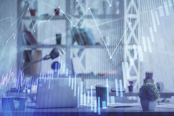 Double exposure of stock market graph drawing and office interior background. Concept of financial analysis.