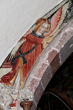 l'Angelo dell'annunciazione (Gabriele); affresco di Angelo Baschenis nella chiesa parrocchiale di Flavon (Trentino)