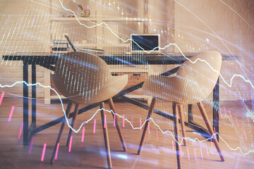 Multi exposure of financial graph drawing and office interior background. Concept of market analysis.