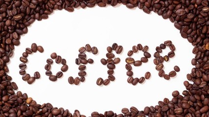 The word coffee is compiled from roasted coffee beans. Folded coffee word. Frame-by-frame animation.