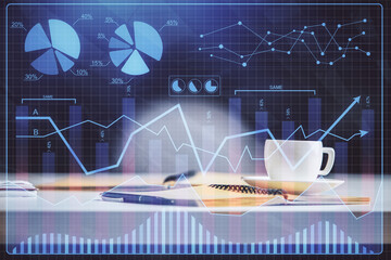 Multi exposure of forex graph drawing and desktop with coffee and items on table background. Concept of financial market trading