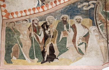 sei apostoli e Maria; affresco nella cappella cimiteriale di San Michele a Tesimo (Alto Adige)
