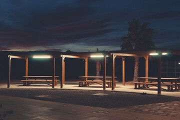 picnic tables with lights