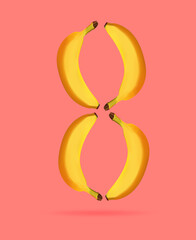 Bananas are laid out by the number eight. Creative concept for the holiday of March 8, International Women's Day. Vector. Isolated objects
