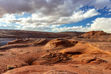 The Colorado river cuts through layers of folded limestone rock layers, The Chains, Page, Arizona, USA