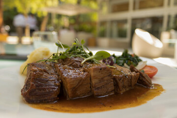 Cooked meat, green leaves, mashed potato on the white plate. Very close up. Restaurant background. Mouth-watering lunch. Healthy cooked food. Baked beef.