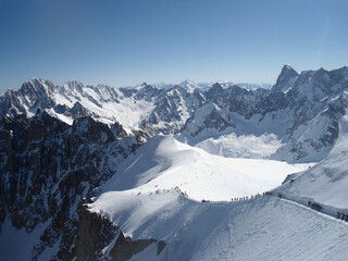People in the Valle Blanche, Chamonix, France, Full of skiers in the valley, touristic place