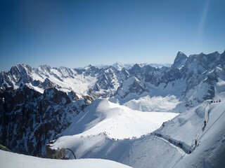 Fototapeta na wymiar People in the Vallee Blanche, Chamonix, France, Full of skiers in the valley, touristic place