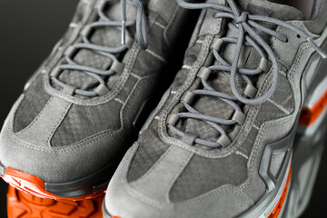 laces of trekking sneakers, close-up view