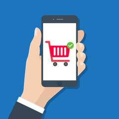 Mobile phone with shopping. Online concept. Modern flat icon design isolated on blue background. 