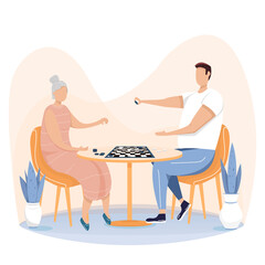 Grandmother, old woman playing chess with his grandson, happy family concept. People playing board game. Flat vector illustration 