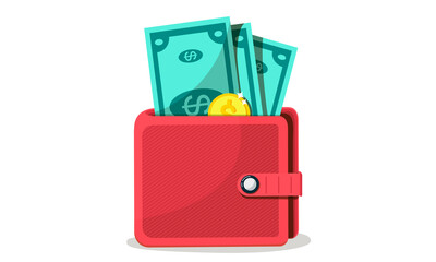 Concepts of finance. Wallet with money, dollars and coins, cash, curren. Wealth concept. Vector illustration 