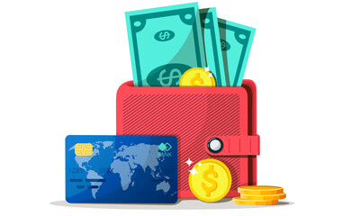 Concepts of finance. Wallet with money, dollars and coins, cash, curren, credit card. Wealth concept. Vector illustration 