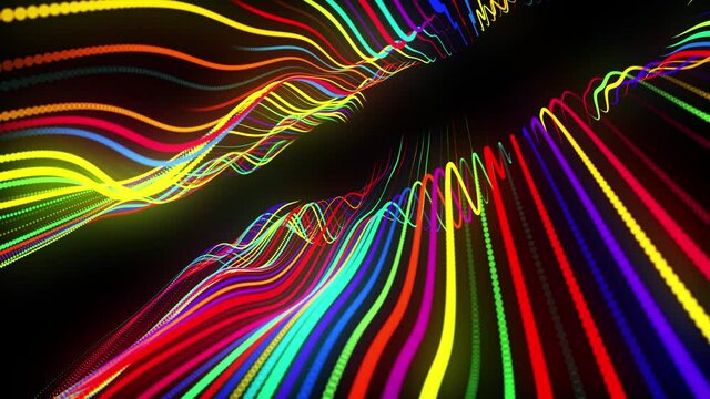 Festive vj loop with multicolored particles and smooth animated camera. Abstract 3d bg with glow particles lined up in a row along curved waving lines in 3d space. Motion design background.