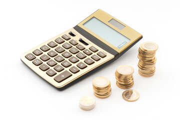 Gold Calculator ant Turkish Lira coins on the white background.