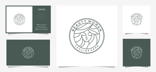 Fototapeta na wymiar women face logo design with a combination of leaves and business cards