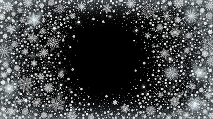Snowy circle frame.  Glittering blizzard snowflakes, winter overlay and transparent snow effect on black 16x9 vector background with free round space in center