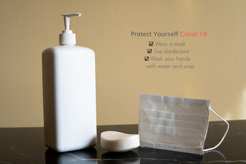 Coronavirus COVID-19 outbreak concept. How to protect yourself from infection. corona virus preventing tips. disinfectant, soap and mask concept. preventive measures against the virus