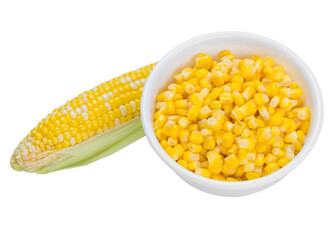 Bowl with corn seeds and ripe corn cobs. Raw and tinned corn. White isolated background.