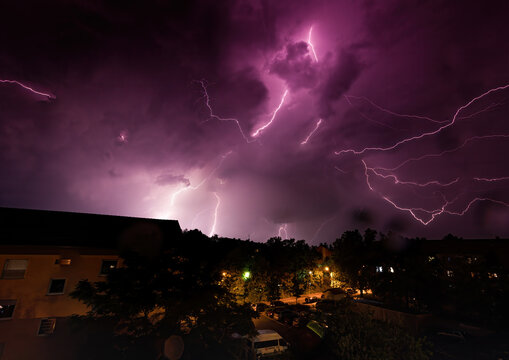 Thunderstorm at evening above the city of Erlangen, Bavaria, Germany
