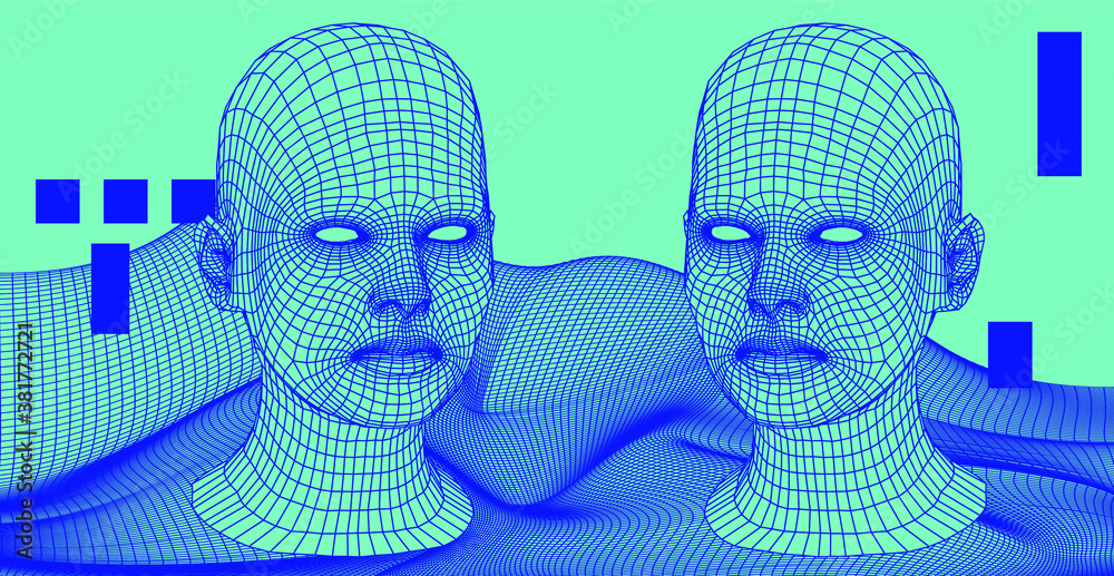 Aufkleber 3D human face structure on glitched background. Artificial Intelligence and Neural network concept.