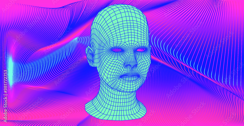 Leinwandbilder 3d human face structure on glitched background. artificial intelligence and neural network concept.