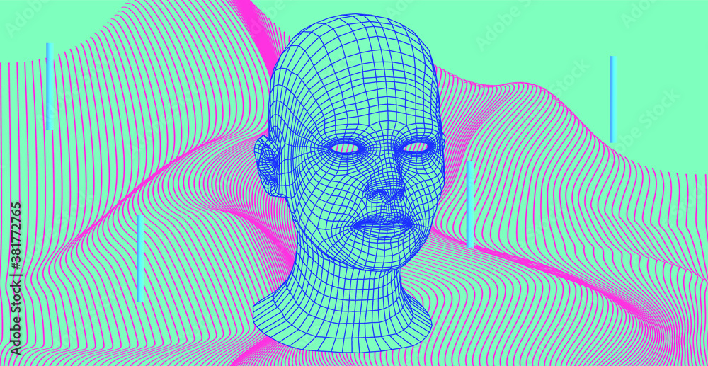 Aufkleber 3D human face structure on glitched background. Artificial Intelligence and Neural network concept.