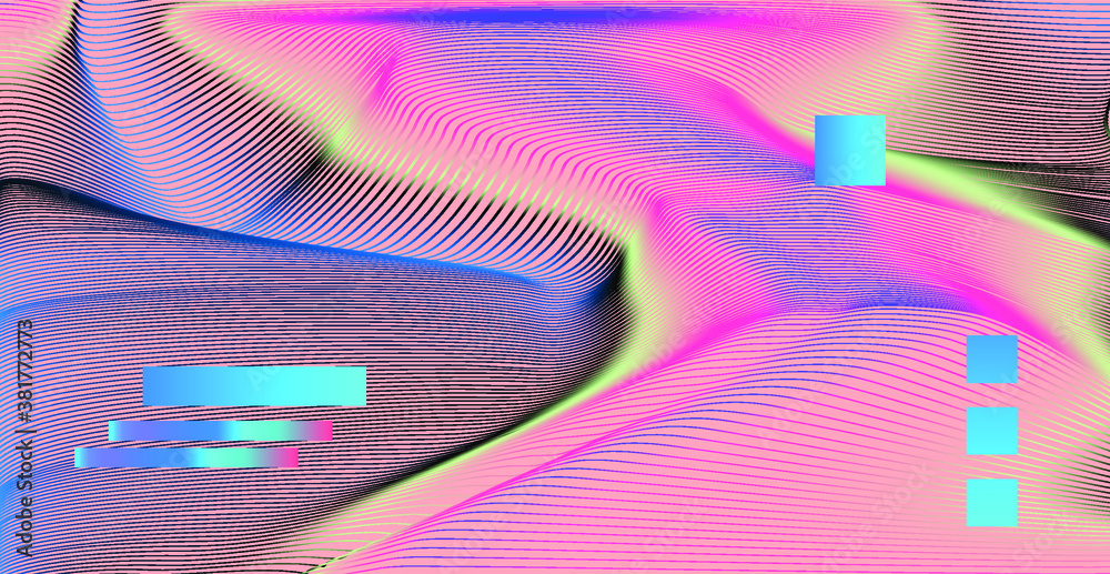 Poster Abstract technology background with warped and distorted laser grid. Vaporwave and synthwave style poster.