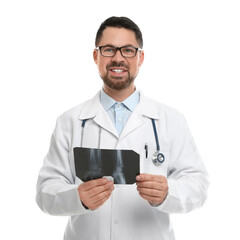 Orthopedist holding X-ray picture on white background