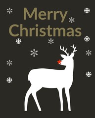 Merry Christmas Greeting with white deer and snowflakes on a black background