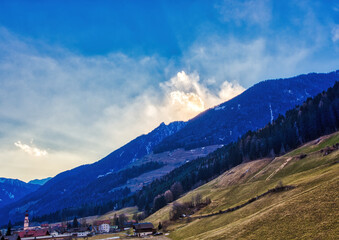 Landscape shot of the Alps between St. Johann and Sand in Taufers in Tirol, Italy