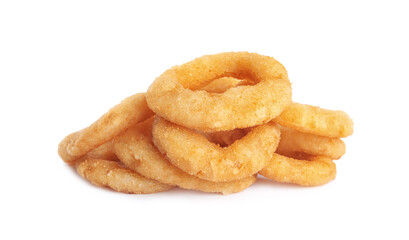 Delicious golden onion rings isolated on white