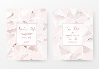 Holiday polygonal invitation card with rose gold and marble triangles.