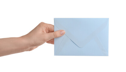 Woman holding paper envelope on white background, closeup