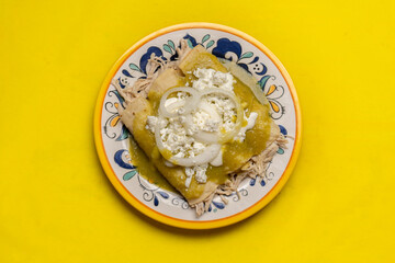 Mexican green enchiladas with chicken and cheese on yellow background